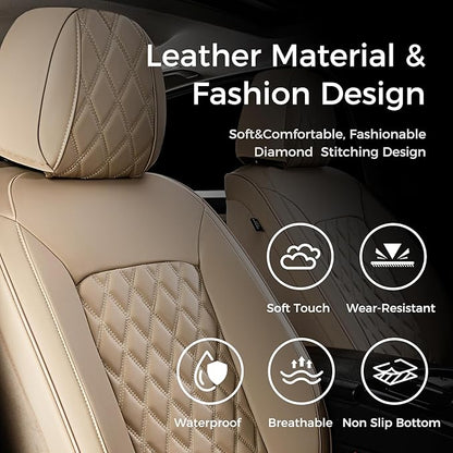 Huidasource Beige Front Seat Covers, Leather Car Seat Covers Front Seats, Driver Seat Cover Waterproof, Airbag Compatible, Universal Fit for Most Cars, Vans, Trucks, SUVs (Front Pair/Beige)