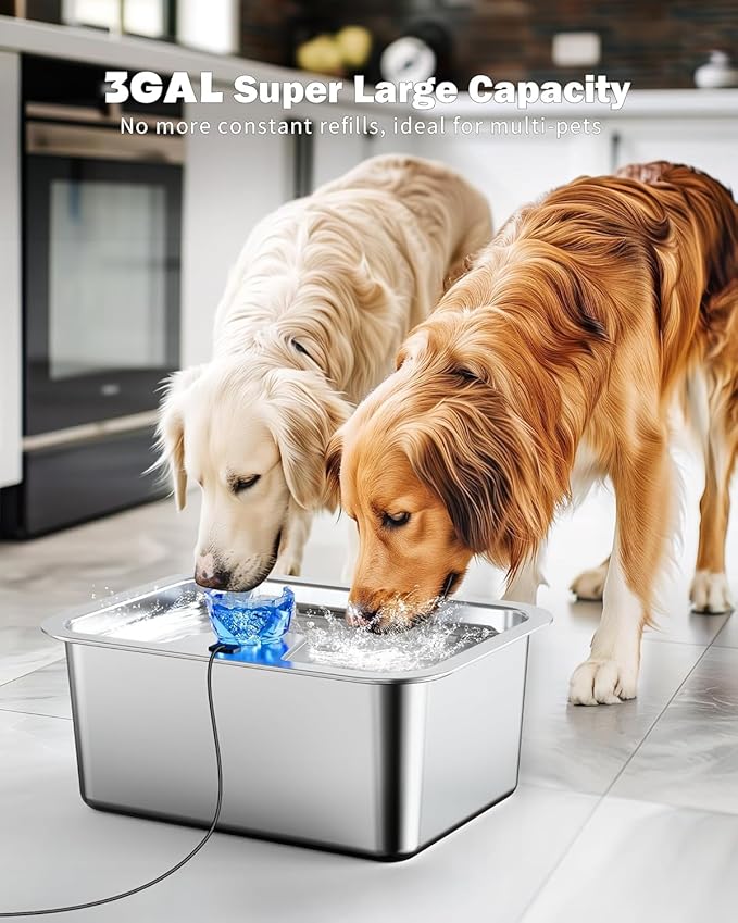 Dog Water Fountain for Large Dogs, Stainless Steel 3 Gallon Extra Big Pet Fountains, Dog Water Bowl Filter Automatic Dog Bowl Dispenser, Drinking Bowls for Multi Pets, Easy to Clean, Quiet Pump