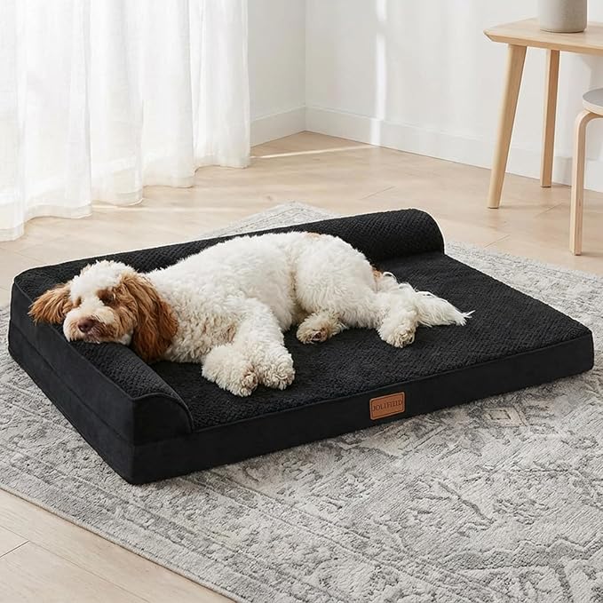 Orthopedic XL Dog Bed Large Sized Dog 42''X28'', Waterproof L Bolster Egg Crate Foam Big Pet Crate Beds with Washable Removable Cover, Non-Slip Soft Pet Couch Sleep Mat, Black