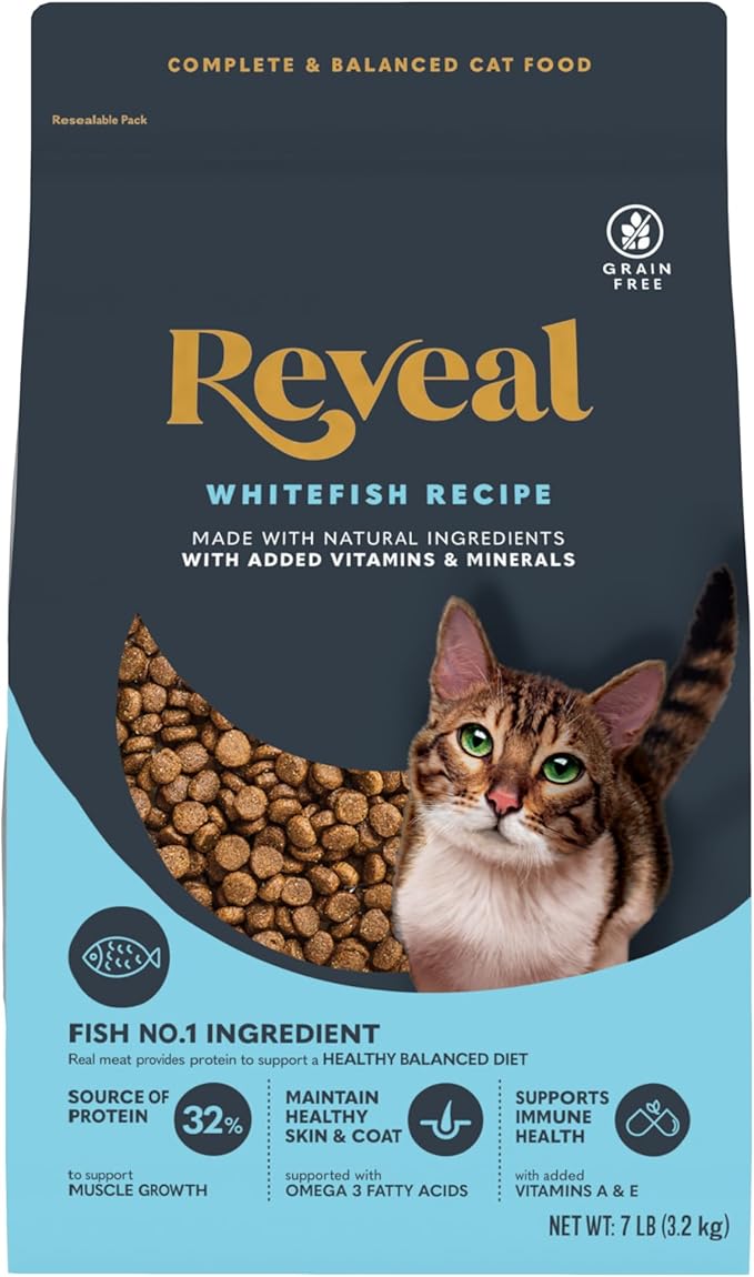 Reveal Natural Adult Dry Cat Food, High Protein, Grain Free with Added Vitamins & Minerals, Complete & Balanced Nutrition for Cats, Whitefish Recipe (7 Pound Bag)
