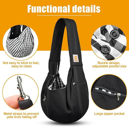 Tomkas Small Dog Sling Carrier - Zipper Pocket & Classic Strap - for 3-10 lbs Pets(Black)