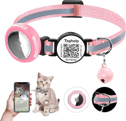 Waterproof Breakaway Cat Collar with AirTag Holder & Smart QR ID Tag - Reflective Safety Tracker Collar for Cats, Kittens, Puppies-Compatible with Apple AirTag, GPS Tracking for Girl&Boy Pets (Pink)