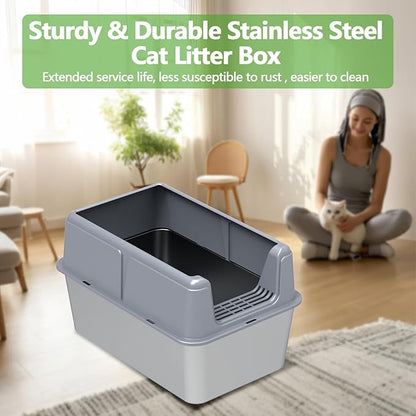 Stainless Steel Litter Box with Lid,14” XXL Litter Metal Litter Box with High Sided, Anti-Urine Leakage, Easy Cleaning & Odor-Less, Include Scoop