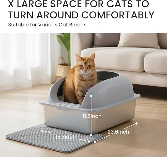 Simple Deluxe XL Stainless Steel Litter Box with Lid, Extra Large Cat Litter Box for Big Cats, High-Sided Anti-Leakage Metal Litter Tray, Non-Stick Bottom, Easy to Clean, Light Gray