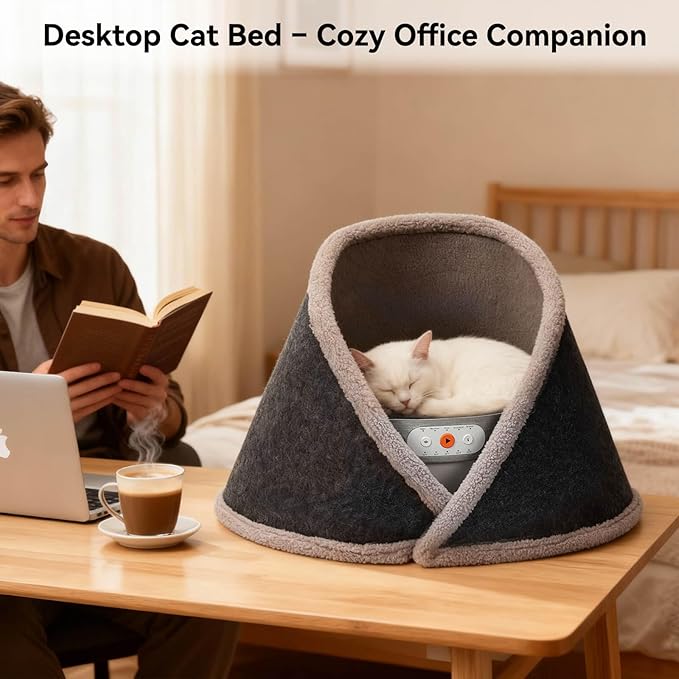 Heated & Cooling Cat Bed with 5 White Noise Modes, Cat Cave Bed with Mat Smart Temperature Control, Indoor Cozy Bed for Small and Medium Cats
