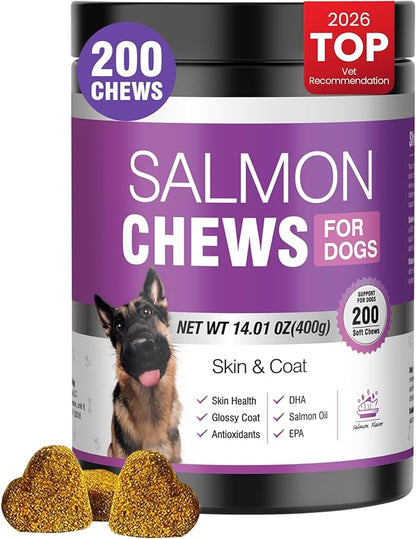 Omega 3 Skin and Coat Supplement for Dogs 200 Chews Dog Fish Oil Supplements with EPA & DHA Fatty Acids Dry Skin Relief for Dogs Shedding Allergy Itching Promotes Heart Hip Joint Health Salmon Flavor