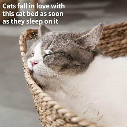 Cat Bed, Straw Woven Cat Baskets Bed, Round Wicker Cat Basket Nest, Non-Slip Cozy Kitten Bed for Cats Small Dog (Only Nest,Medium)