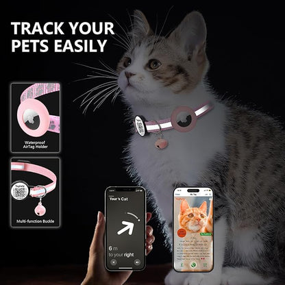 Smart QR Code Cat Collar - 2 Pack Breakaway Safety Collar with Online ID Profile, Reflective, Glow in The Dark & AirTag Holder for Kitten, Cats - Adjustable, Bell Included (Black)