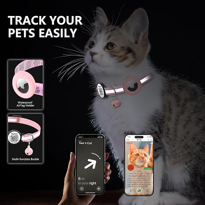 2PCS Breakaway Cat Collars with Bell Cute Adjustable Safe Kitten Collars with Pendant Glow in The Dark,Airtag Holder Cat Collar with Smart ID tag & QR Code Reflective for GPS Boy Girl Cats(Blue)