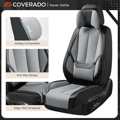 Coverado Seat Covers, Car Seat Covers Front Seats, Car Seat Cover, Car Seat Protector Waterproof, Seat Cushion Nappa Leather with Head Pillow, Carseat Cover Universal Fit for Most Cars (Black&Gray)