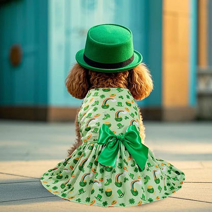 St. Patrick's Day Dog Costume Dress L, Green Clover and Horseshoe Print with Satin Bow, Pet Dress for 11-13 lbs Dogs and Cats, Festive Holiday Clothing