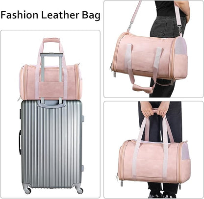 Lasaviin Fashion Leather Dog Carrier Cat Carrier Airline Approved Pet Carrier for Small Medium Dogs Cats Under 15Lbs, Collapsible Soft Sided Travel Puppy Carrier Pink