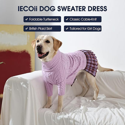 IECOii Girl Dog Sweater Dress - Cable Knit Dog Sweater for Medium Dogs Girl, Purple,Large - Turtleneck Winter Sweaters with Leash Hole, Soft & Stretchy Adorable Dress for Thanksgiving Christmas Photo