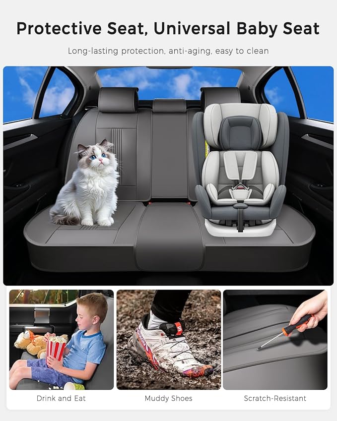 Huidasource Gray Back Seat Covers, Nappa Leather Rear Seat Covers with Ventilation Holes, Velcro Adjustable, Compatible with Armrests, Seat Belts, Child Safety Seats, for Most Cars SUV Trucks, Gray