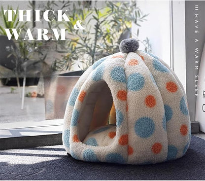 Cat Polka Dot Yurt Bed, Plush Warm Semi-Enclosed Cave Hideaway, Soft Comfy House for Indoor Kitten (Orange,Large)