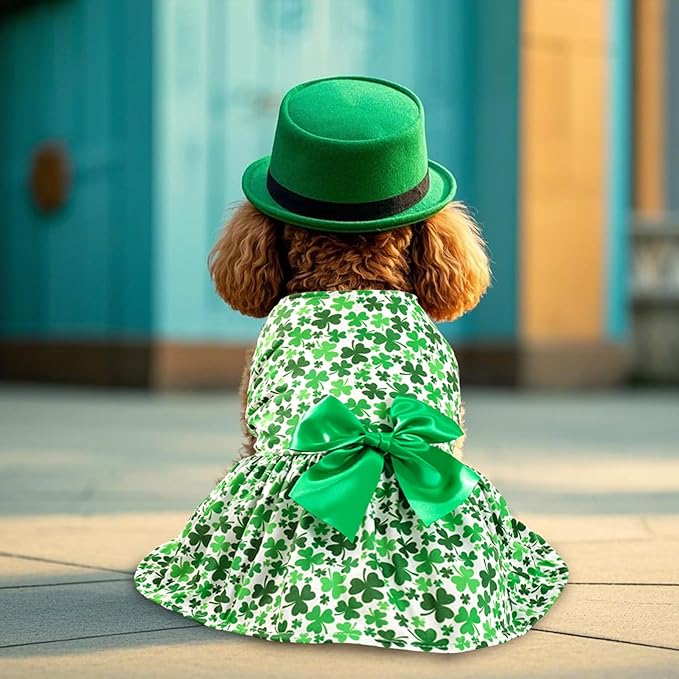 St. Patrick's Day Dog Costume Dress L, Green Clover Print with Satin Bow, White Pet Dress for 11-13 lbs Dogs and Cats, Holiday Party Clothing