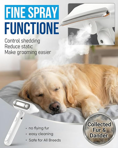 Spray Deshedding Brush for Cats & Dogs, 2-in-1 Mist Grooming Tool with Undercoat Removal, Anti-Static Pet Hair Remover, Gentle Stainless Steel Comb, No Flying Fur, Self Cleaning