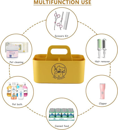 Dog Storage Organizer for Grooming Supplies,Portable Caddy Organizer for Pet Stuff,Divided Storage Bin for Dog Cat Grooming Kit,Dog Stuff Organizer with Handle for Shampoo,Clipper,Comb-Yeloow
