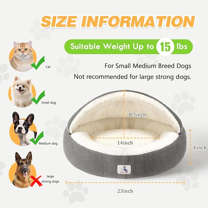 Cat Cave Bed for Indoor Cats, Hooded Cat Bed Covered Cat Bed Cave, Round Cat Cave Cute Kitty Bed, Washable Cat Bed for Cats & Small Dogs, Cat Beds with Cover Cozy Sleeping Nest, 23" Grey