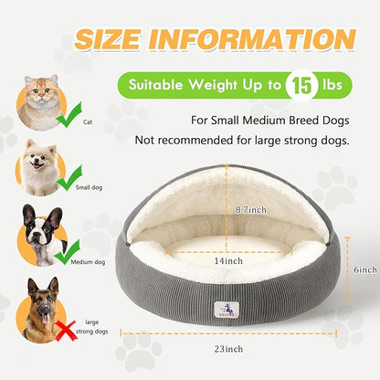 Cat Cave Bed for Indoor Cats, Hooded Cat Bed Covered Cat Bed Cave, Round Cat Cave Cute Kitty Bed, Washable Cat Bed for Cats & Small Dogs, Cat Beds with Cover Cozy Sleeping Nest, 23" Grey