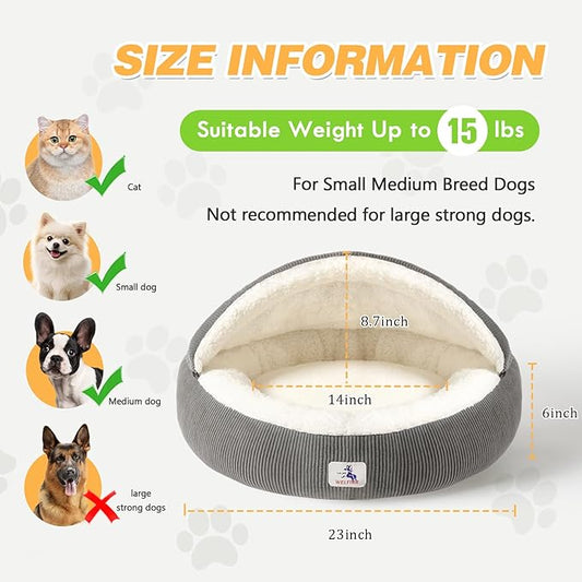 Cat Cave Bed for Indoor Cats, Hooded Cat Bed Covered Cat Bed Cave, Round Cat Cave Cute Kitty Bed, Washable Cat Bed for Cats & Small Dogs, Cat Beds with Cover Cozy Sleeping Nest, 23" Grey