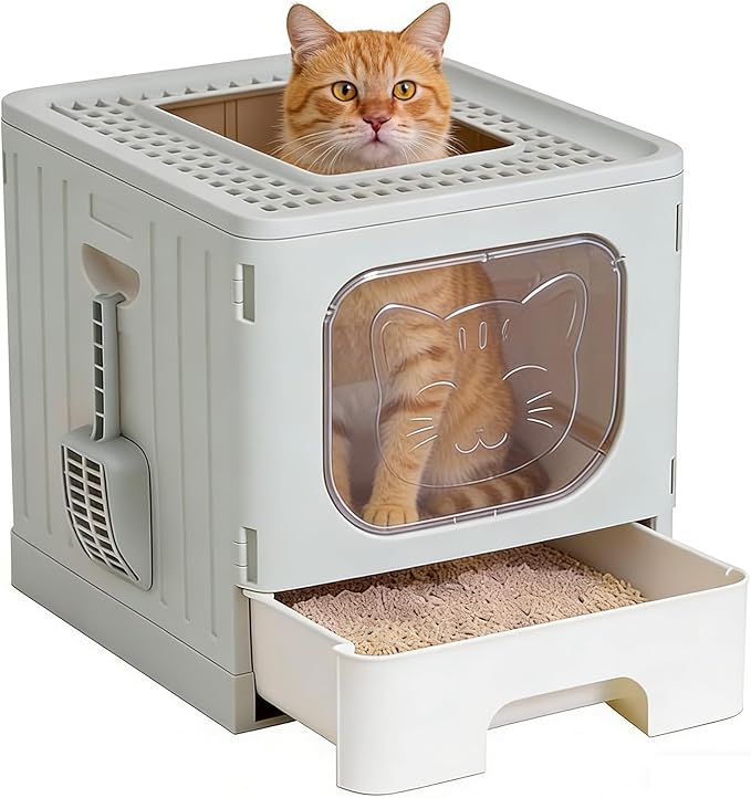 Cat Litter Box with Scoop, Large Foldable Litter Box with Lid & Drawer Tray, Top Entry Cat Litter Box, Odor Control, Easy to Clean for Small to Medium Cats (Light Gray, 19" L x 15.3" W x 15" H)