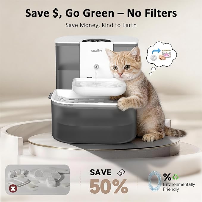 [New Upgrade] Famifit 4.5L+2L Automatic Cat Water Fountain (Non-Heated), 2000mAh Battery, Timed 3/6/9H & 80/100/120ml Control, Clean Water System, No Filter, Ceramic Bowl, Ultra Quiet