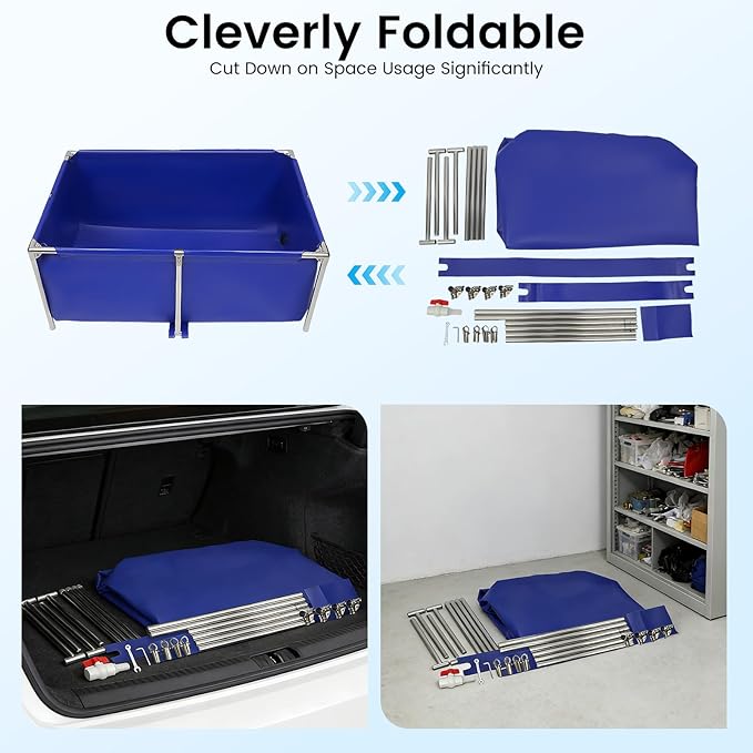 Canvas Above Ground Fish Pond with Steel Frame, Drain Valve, Blue Aquarium Pool, Koi Pond, Foldable Water Storage, Display Show Tank