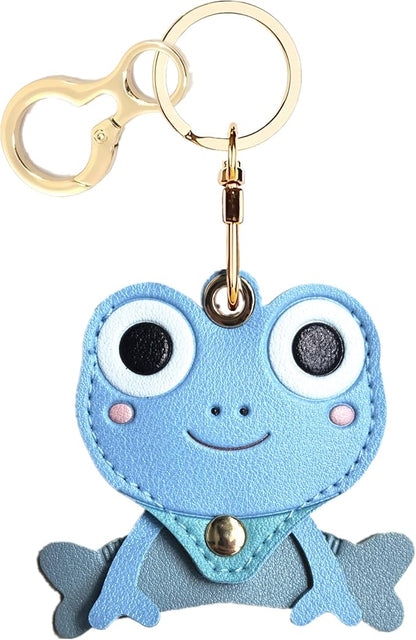 Leather Keychain Holder Case Compatible with AirTag,Cute Protective Cover with Keyring,Anti-Scratch Finder GPS Tracker Case for Wallet Keys,bag,pets,Backpack(Frog Blue)