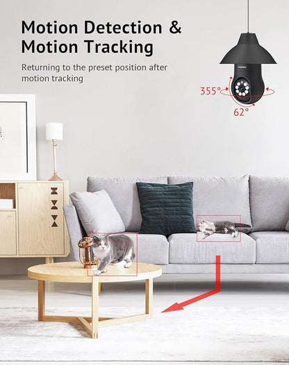 LaView 4MP Bulb Security Camera 2.4GHz, 360° 2K Security Cameras Wireless Outdoor Indoor Full Color Day and Night, Motion Detection, Audible Alarm, Easy Installation, Compatible with Alexa(Black)