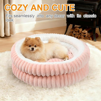 Washable Round Donut Dog Bed,Cat Beds for Indoor Cats,Fluffy Puppy Dogs Beds for Small Dogs with Anti-Slip Bottom(Pink,M)