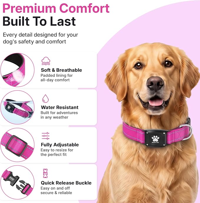 GPS Dog Collar Tracker 2-in-1,Reflective Waterproof Pet Collar,iOS-Only,No Monthly Fees,Unlimited Range,Dog Tracking Collar Pet Tracker,for Small Medium Large Dogs(XS (10.5"-13.5"), Hot Pink)