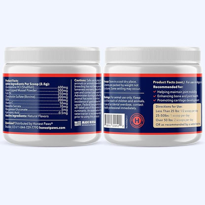 Honest Paws Glucosamine for Dogs – Joint & Mobility Supplement Powder with Green Lipped Mussel, Fish Oil & MSM – Supports Hip & Joint Health, Support Stiffness, Dog Supplies