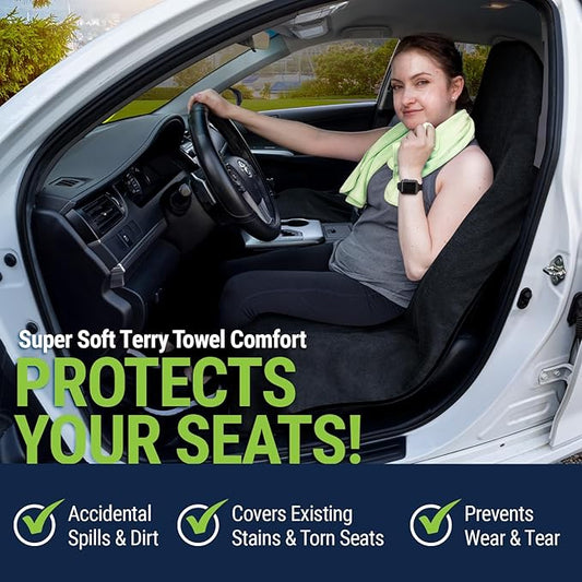 Season Guard Terry Cloth Sweat Towel Seat Cover; Carseat Towel Protector; Great for Gym Workout; Waterproof; Universal Fit for Car SUV Van Truck; EZ fit; Non Slip Grip; Machine Washable; 2pc Black
