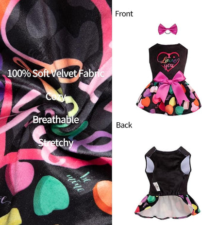 CuteBone I Love U Dress Velvet for Small Dogs Girl Puppy Dresses Black Dog Clothes CVA11XS-D
