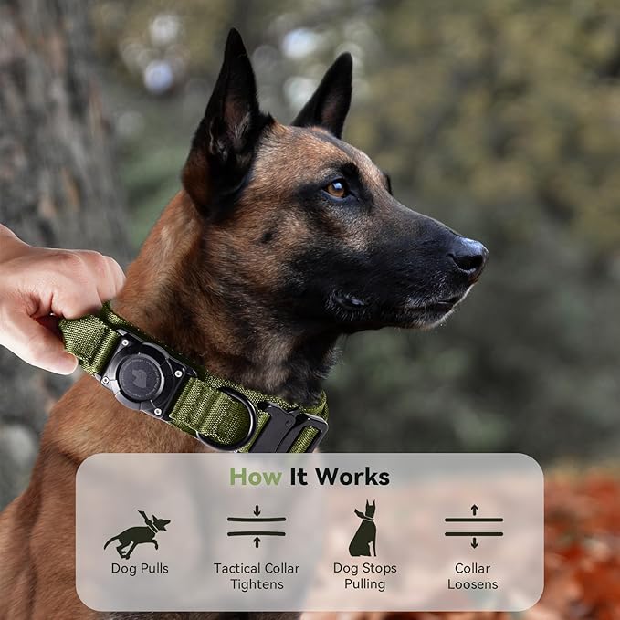 2026 Upgrade Waterproof AirTag Dog Collar, Military Tactical Dog Collar with AirTag Holder, Comfortable Control Handle and Metal Buckle, GPS Dog Collar Holder for Medium to Large Dogs (ArmyGreen, L)