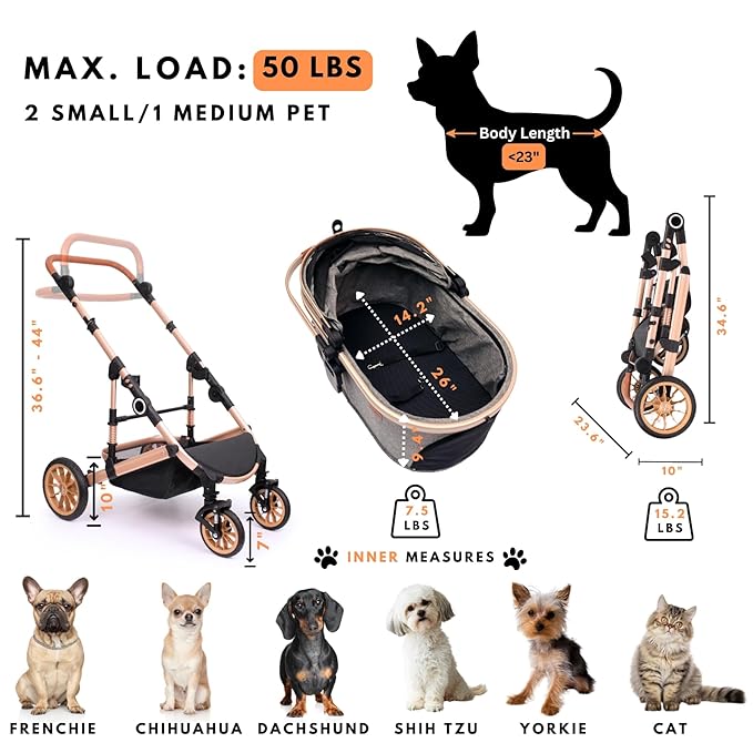 Bicystar Pet Stroller for Medium Dogs, Smooth-Ride Dog Stroller with Detachable Carrier, Rubber Wheels, Car Seat Combo 3-in-1, Up to 50 lbs, for Senior Dogs & Cats, Black