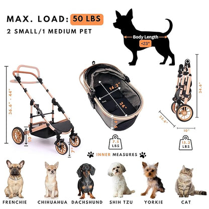 Bicystar Pet Stroller for Medium Dogs, Smooth-Ride Dog Stroller with Detachable Carrier, Rubber Wheels, Car Seat Combo 3-in-1, Up to 50 lbs, for Senior Dogs & Cats, Tan