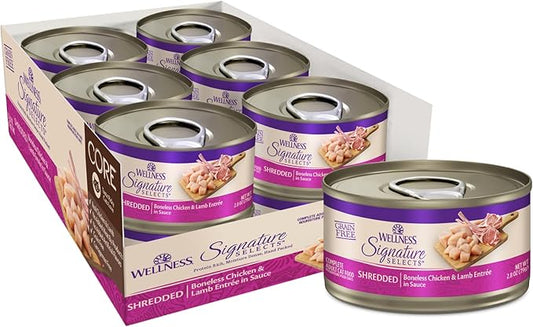 Wellness CORE Signature Selects Shredded Adult Canned Wet Cat Food, Natural, Protein Rich, Grain Free, Chicken and Lamb Entrée Recipe, 5.3 oz, Pack of 12 Cans