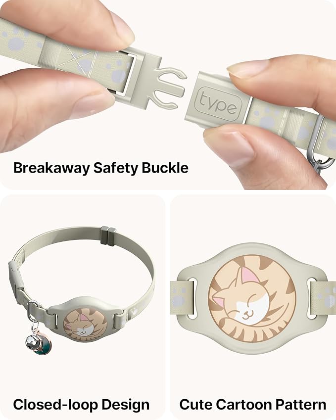 Cat Tracker Collar - Waterproof Airtag Cat Collar with Finder Tag, Khaki | Compatible with Apple Find My (iOS ONLY), Breakaway Tractive Design with Reflective Pattern & Bell (Not for Android Devices)