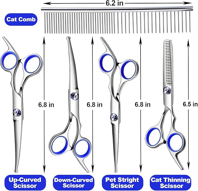Dog Grooming Scissor, 7-in-1 Pet Grooming Scissor for Dogs, Professional Dog Grooming Kit with Safety Round Tips, Titanium Coated Cat Scissors Kit for Home Grooming (Blue)