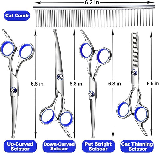Dog Grooming Scissor, 7-in-1 Pet Grooming Scissor for Dogs, Professional Dog Grooming Kit with Safety Round Tips, Titanium Coated Cat Scissors Kit for Home Grooming (Blue)