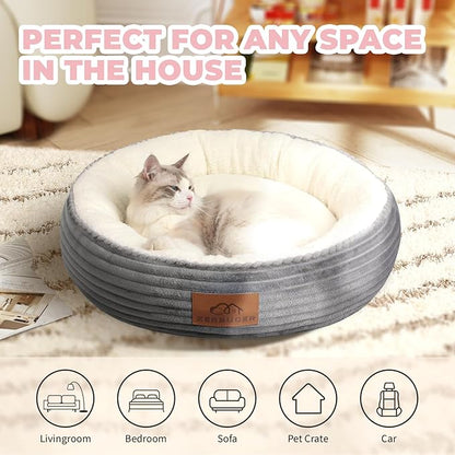 Zerbuger 20in Washable Cat Beds for Indoor Cats - Round Donut Pet Bed for Cats, Small Dogs, Puppy, Kitten - Anti-Slip Bottom, Calming Bed Gift - Ideal for Every Home Space - Light Grey
