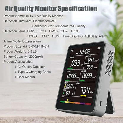 Professional Indoor Air Quality Monitor with AQI Alerts, Portable Real-Time Detector for Home, Car, Plants & Pets