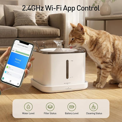 Cat Water Fountain, 2.2L Automatic Pet Water Fountain for Cats and Small Dogs, 2.4GHz WiFi App Control, Rechargeable Motion Sensor, 3 Water Modes, Detachable Tank, White