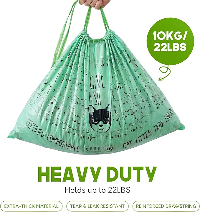 Home Compostable Cat Litter Box Liners, Jumbo XL 36” x 19” Drawstring - Extra Thick Heavy Duty Litter Box Bags, Tear Resistant & Leak-Proof Cat Liners for Easy Cleanup - Pack of 30