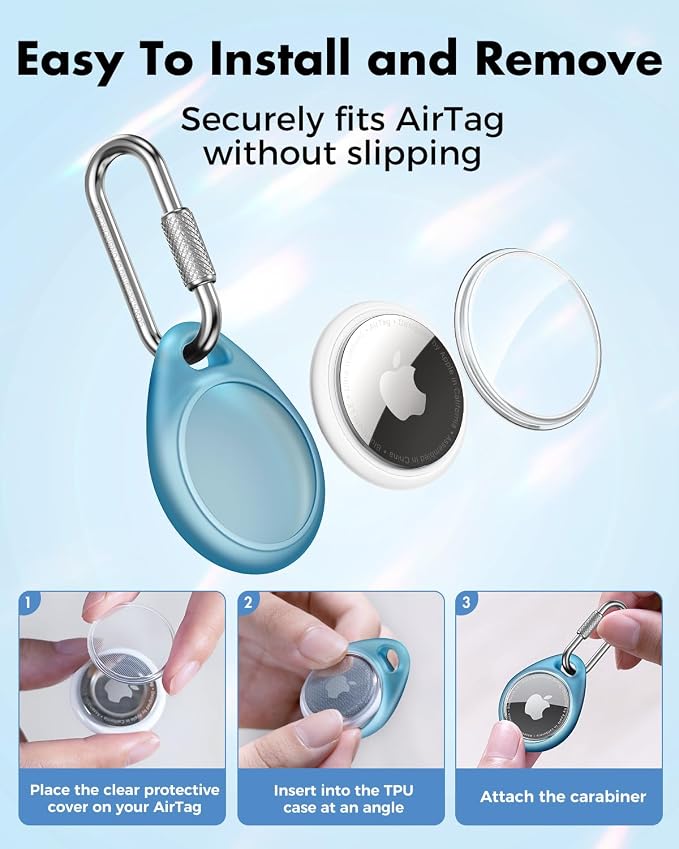 UNBREAKcable for AirTag Holder Case with Professional Carabiner, 4 Pack | Waterproof, Shockproof, Hold Securely, Easy to Install, Protective AirTag Keychain for Keys, Pets, Luggage-Trans Blue&Black