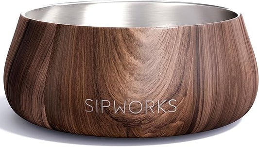 Sipworks Stainless Steel Dog Bowl – 32oz Weighted Metal Food and Water Bowls for Dogs and Cats with Non-Slip Base - Pet Bowls for All Breeds Sizes for Travel & Outdoor Play - Mahogany