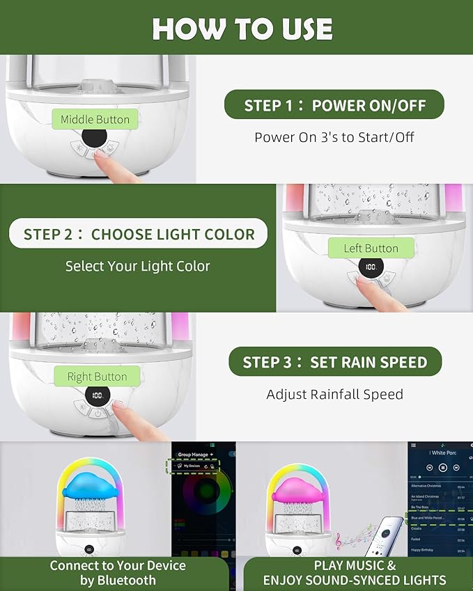 Relaxing Indoor Water Fountain with Gentle Rain Sounds, Weljoy Cloud Rainbow Rain Tabletop Fountain with Color Changing Lights, Wireless Design for Office Desk Meditation (White)