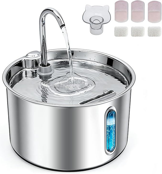 Stainless Steel Cat Water Fountain, 74oz/2.2L Automatic Pet Water Dispenser with 3 Replacement Filters & 2 Replacement Water Outlets, Quiet Indoor Drinking Fountain for Cats Dogs, Water Level Window